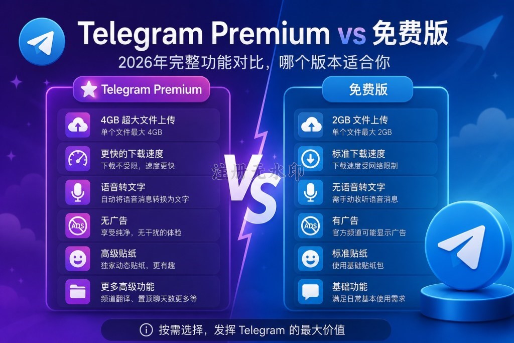 Telegram Premium vs 免费版：2026年完整功能对比，哪个版本适合你